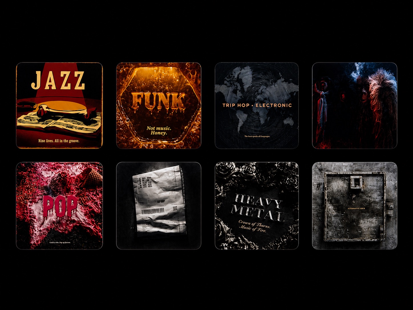 Genre-Karten: Jazz, Funk, Hip Hop und mehr