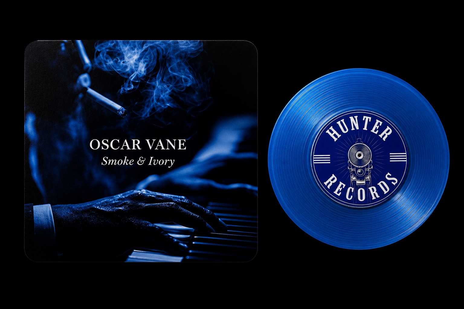 Eine blaue Mini-Platte neben dem Albumcover von Oscar Vane