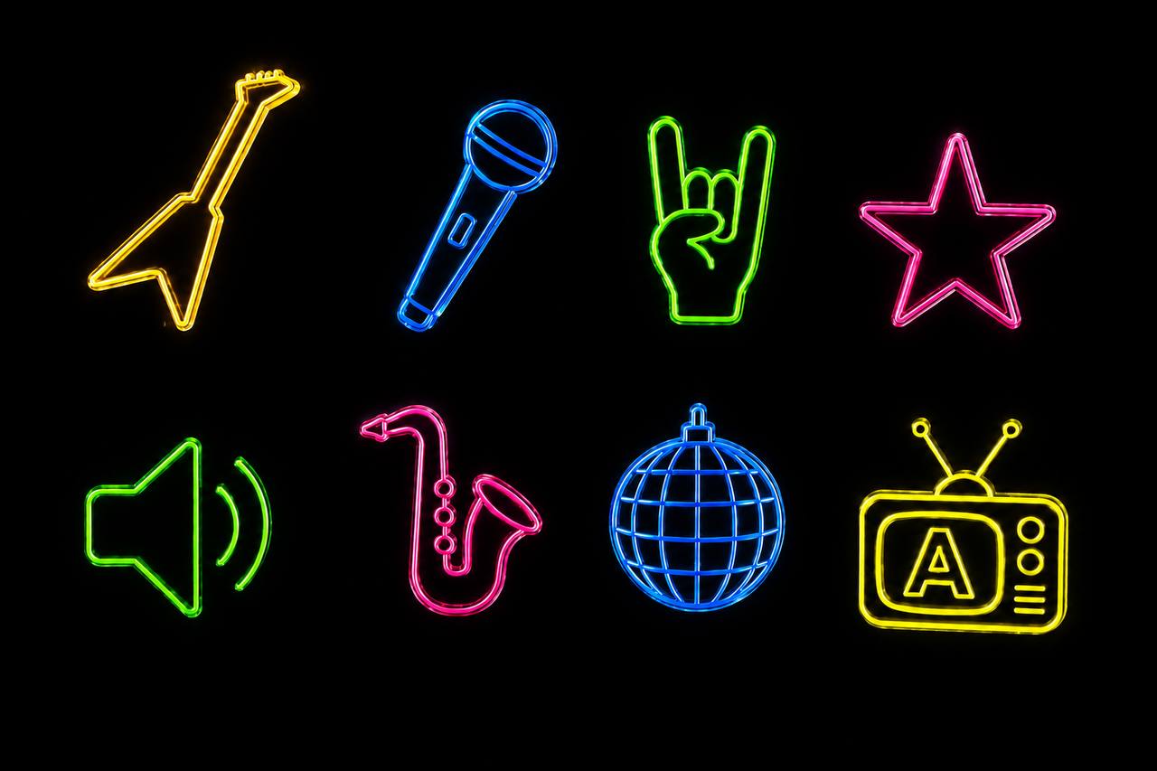 Neon-Icons: Gitarre, Mikrofon, Rock-Handzeichen, Stern, Saxophon, Discokugel und mehr