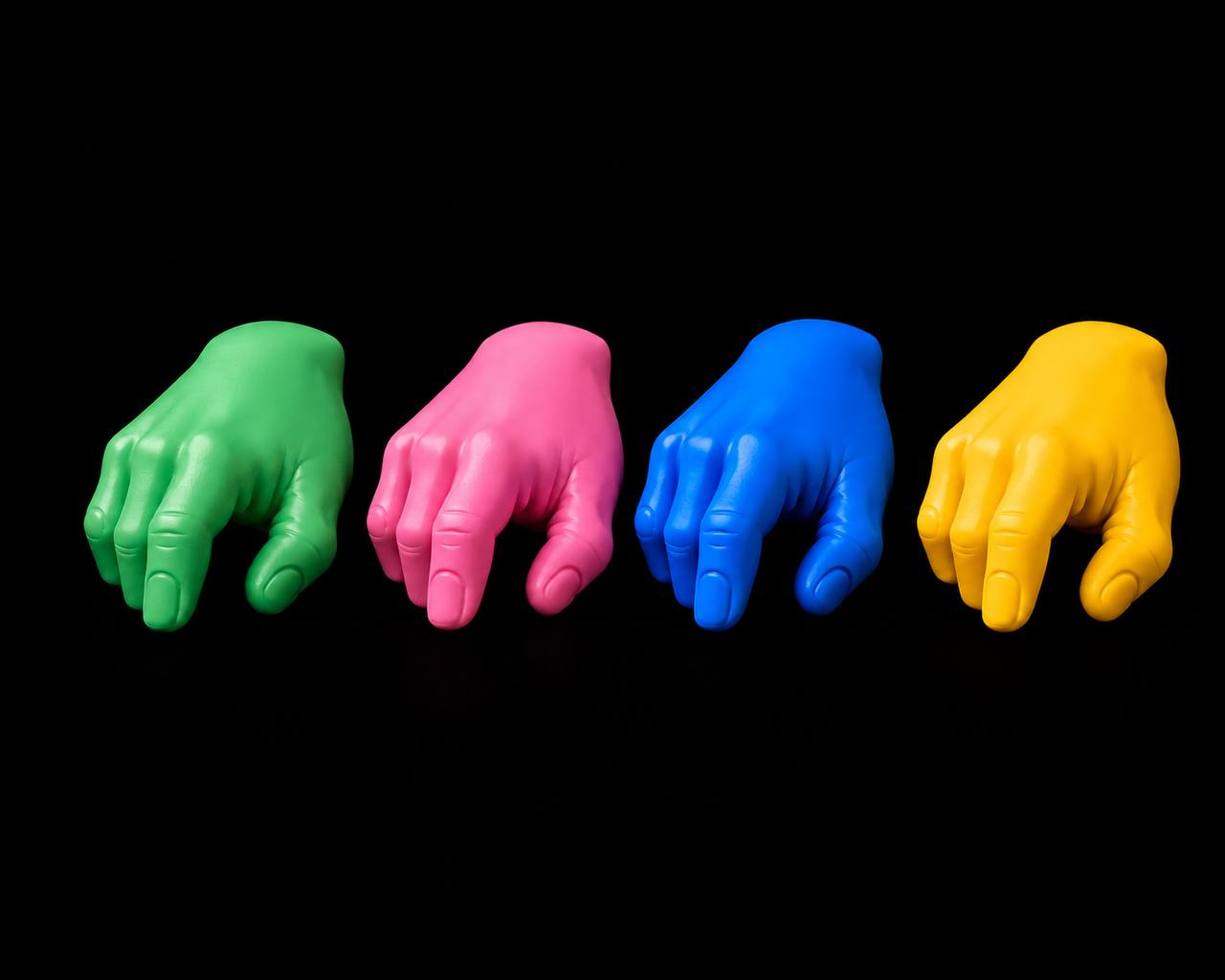 Vier Hände in den Farben der Tonarm-Spielsteine – grün, pink, blau, gelb