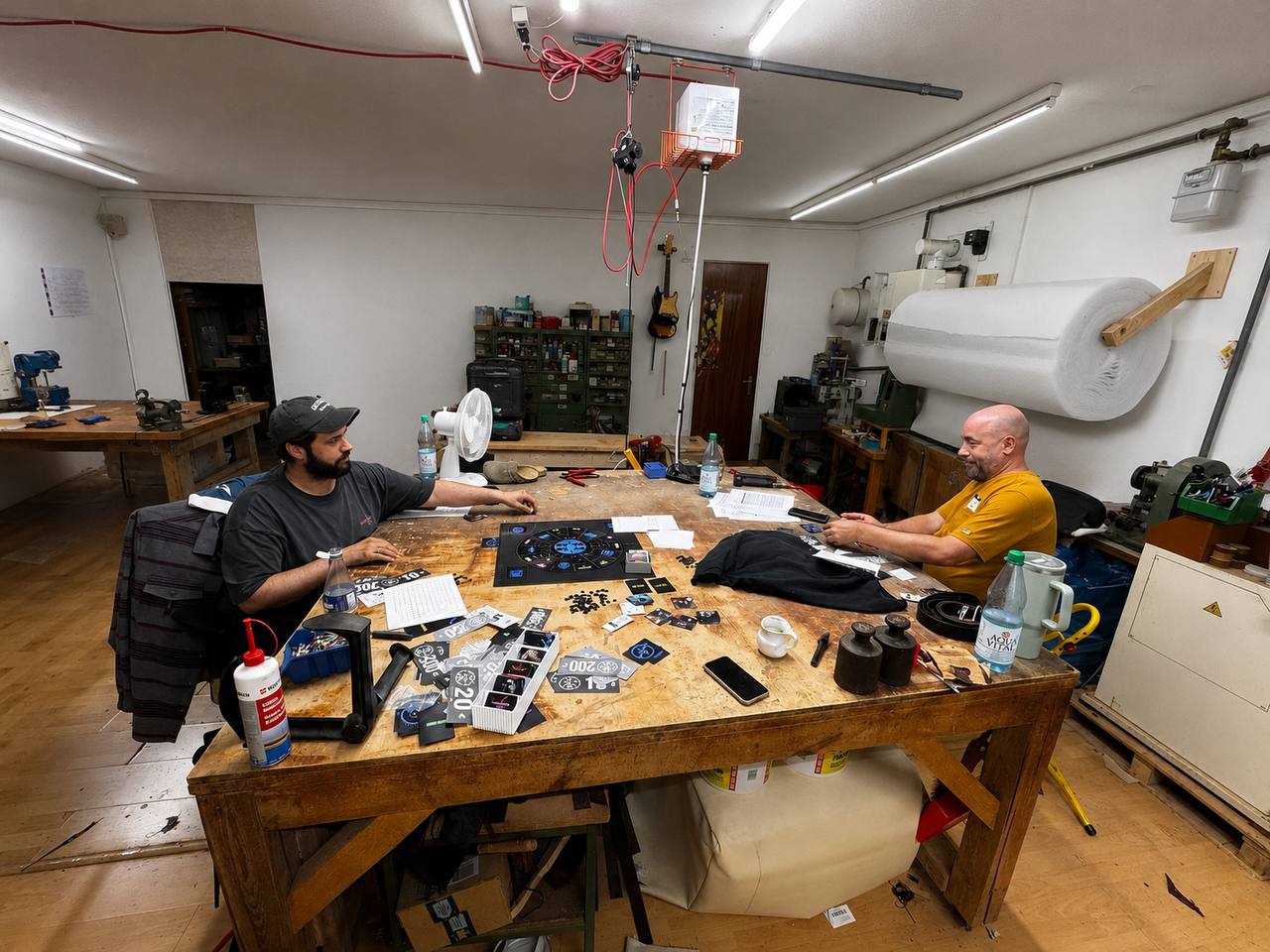 Zwei Mitgestalter bauen einen Prototyp in der Werkstatt zusammen